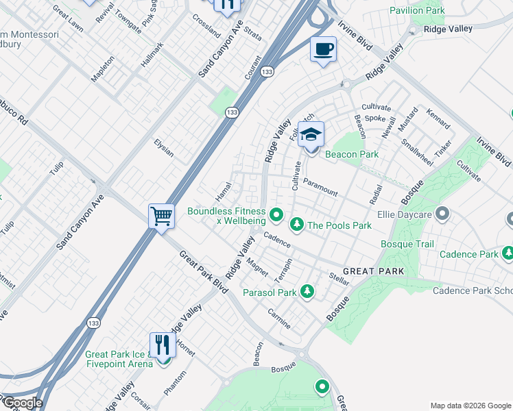 map of restaurants, bars, coffee shops, grocery stores, and more near 177 Cadence in Irvine