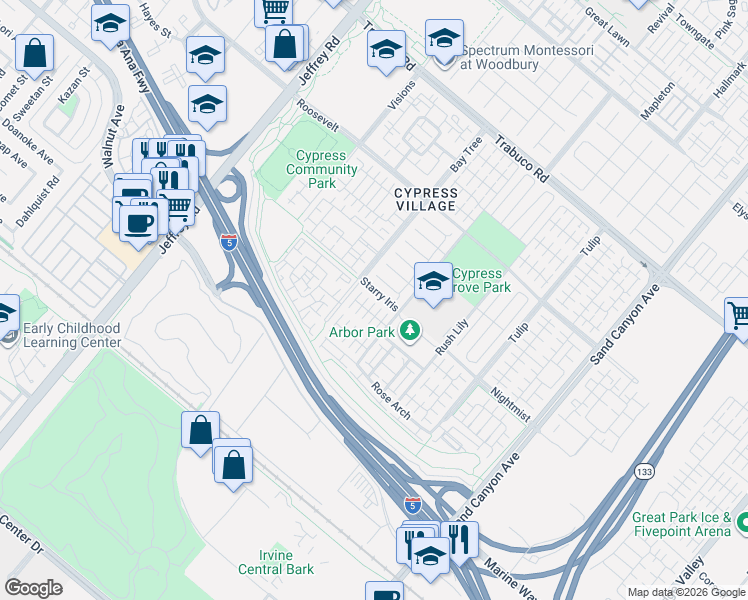 map of restaurants, bars, coffee shops, grocery stores, and more near 119 Strawberry Grove in Irvine