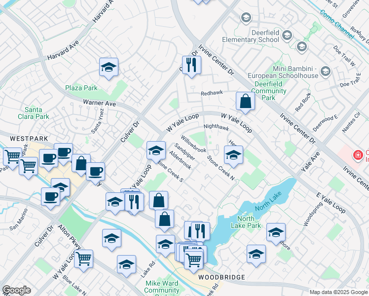 map of restaurants, bars, coffee shops, grocery stores, and more near 71 Sandpiper in Irvine