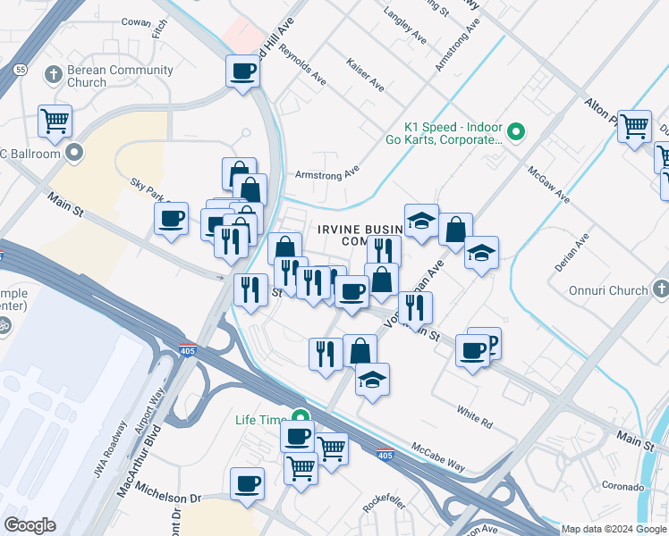 map of restaurants, bars, coffee shops, grocery stores, and more near 2055 Main Street in Irvine