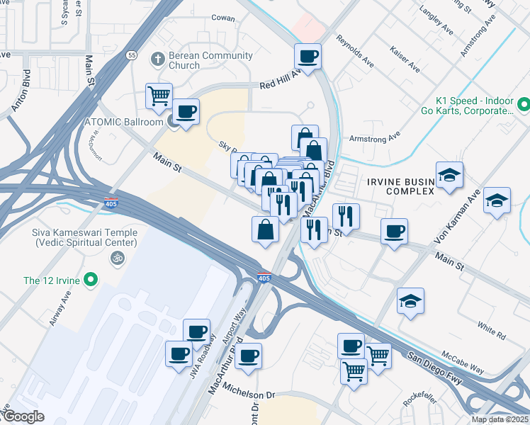 map of restaurants, bars, coffee shops, grocery stores, and more near 6 Executive Park in Irvine