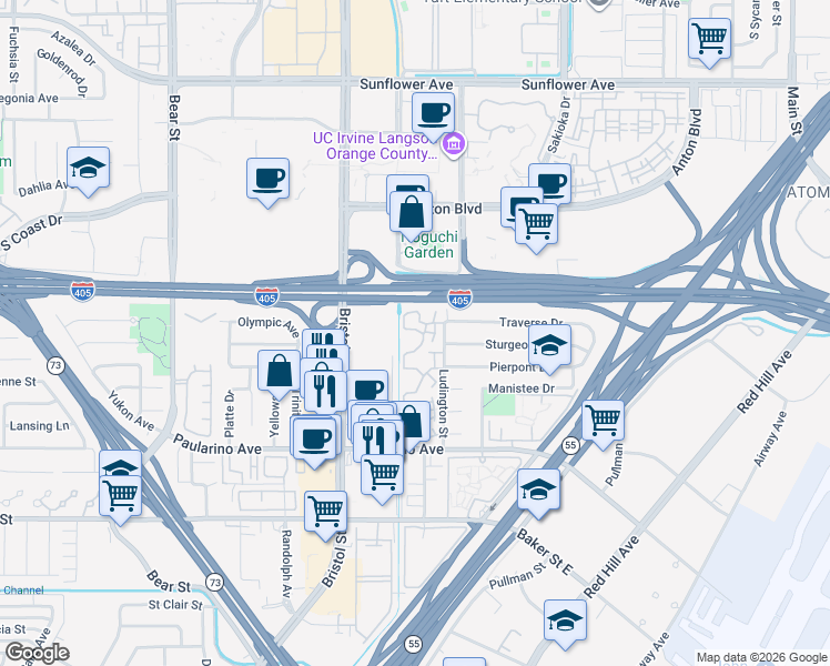 map of restaurants, bars, coffee shops, grocery stores, and more near 642 Whitney Way in Costa Mesa