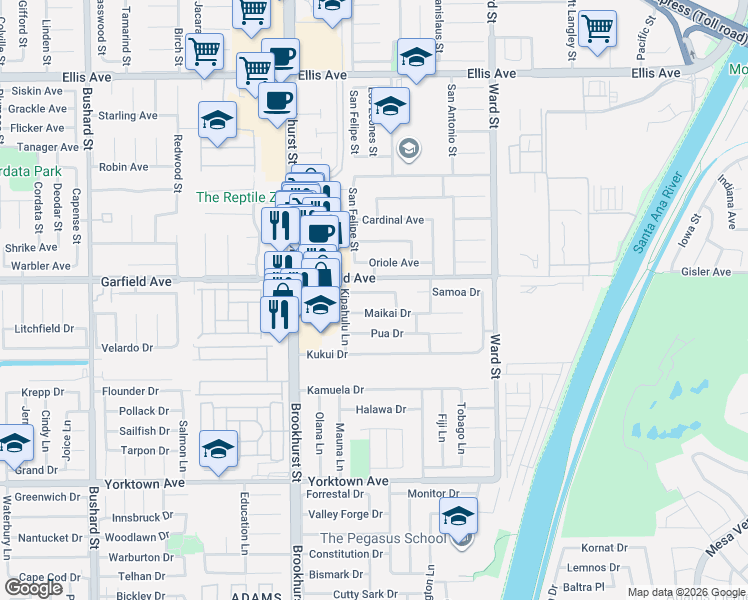 map of restaurants, bars, coffee shops, grocery stores, and more near 10172 Maikai Drive in Huntington Beach