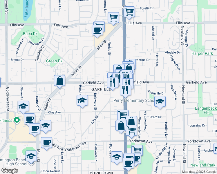 map of restaurants, bars, coffee shops, grocery stores, and more near 7902 Rainbow Circle in Huntington Beach
