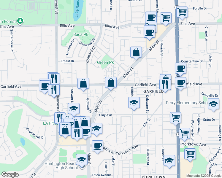 map of restaurants, bars, coffee shops, grocery stores, and more near in Huntington Beach