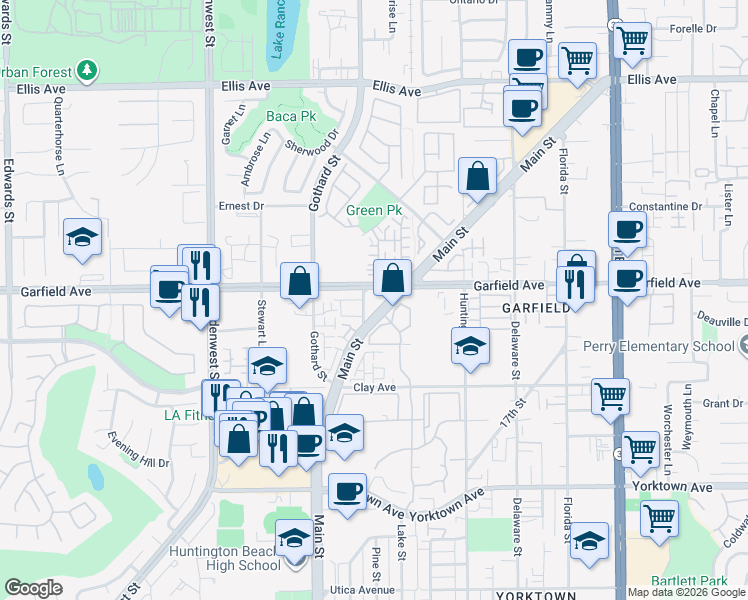 map of restaurants, bars, coffee shops, grocery stores, and more near in Huntington Beach