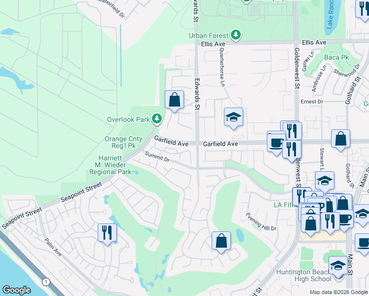 map of restaurants, bars, coffee shops, grocery stores, and more near 19061 Callaway Circle in Huntington Beach
