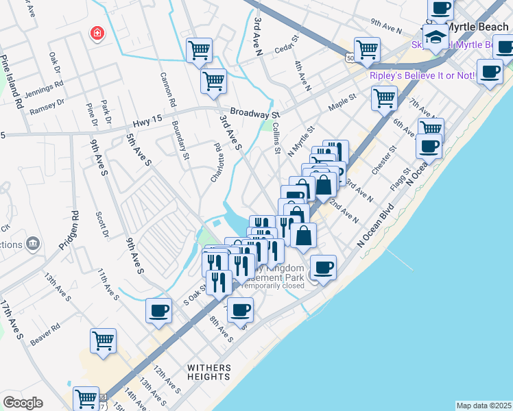 map of restaurants, bars, coffee shops, grocery stores, and more near 604 Withers Swash Drive in Myrtle Beach