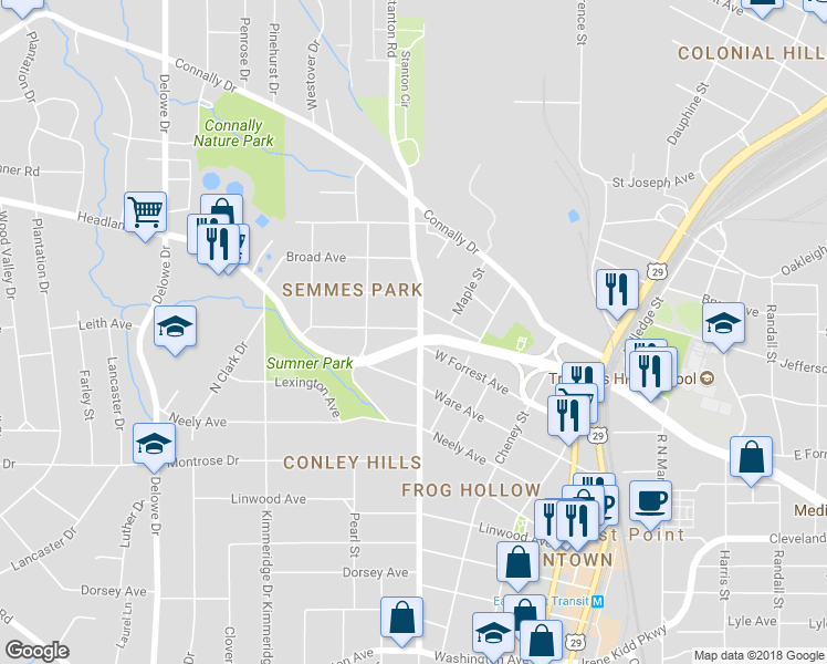 map of restaurants, bars, coffee shops, grocery stores, and more near 2533 Semmes Street in East Point