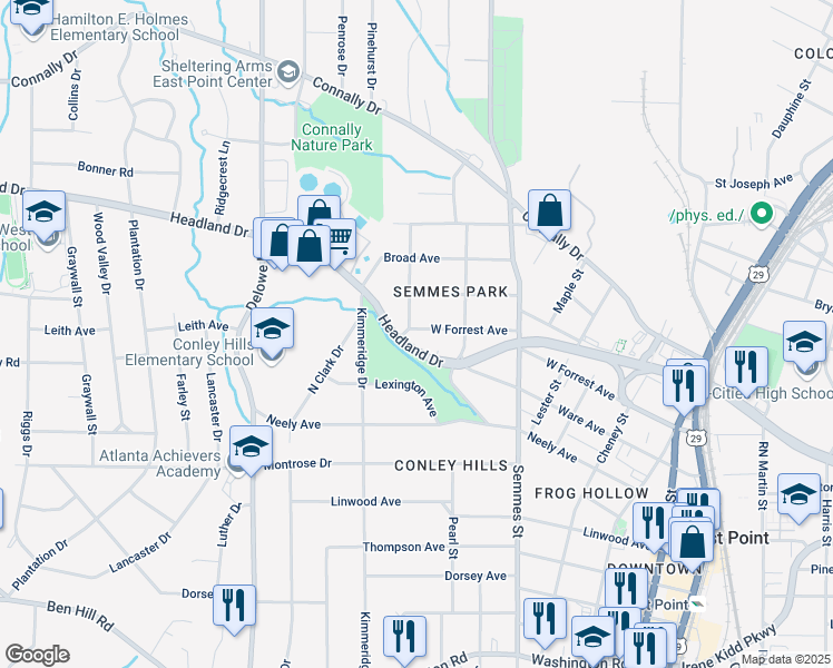 map of restaurants, bars, coffee shops, grocery stores, and more near 1920 West Forrest Avenue in East Point