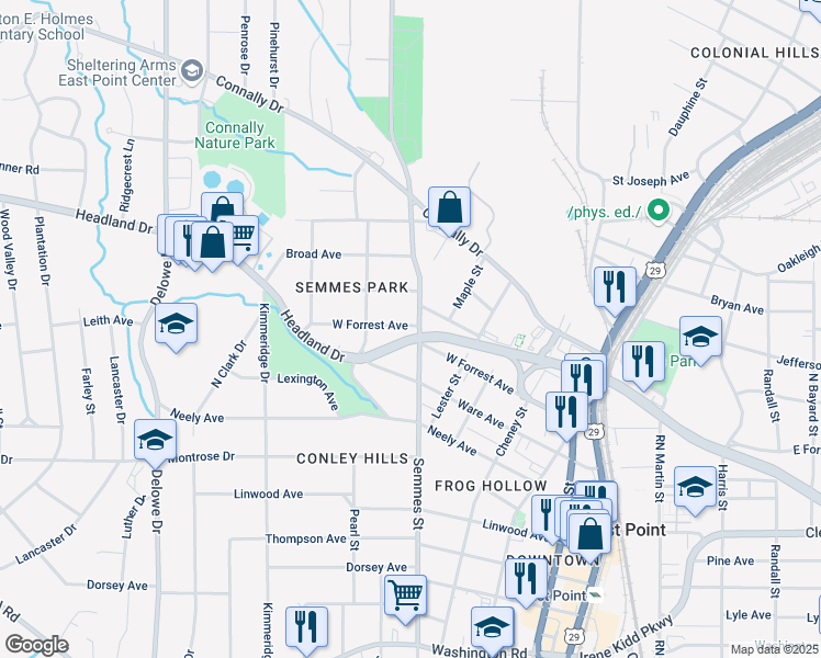 map of restaurants, bars, coffee shops, grocery stores, and more near 2533 Semmes Street in East Point