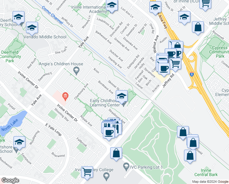 map of restaurants, bars, coffee shops, grocery stores, and more near 5231 Bordeaux Avenue in Irvine