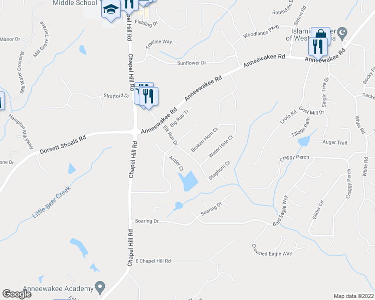 map of restaurants, bars, coffee shops, grocery stores, and more near 3899 Broken Horn Court in Douglasville