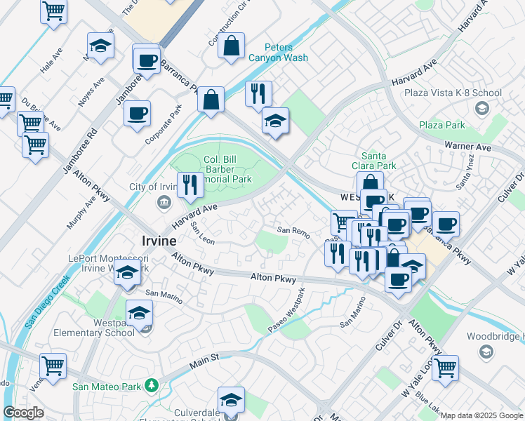 map of restaurants, bars, coffee shops, grocery stores, and more near 10 Palmieri Aisle in Irvine