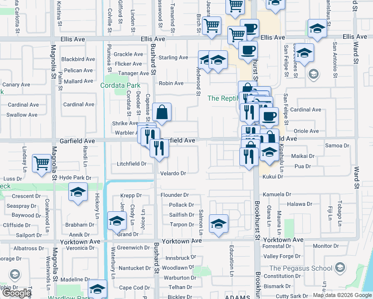 map of restaurants, bars, coffee shops, grocery stores, and more near 19091 Carp Circle in Huntington Beach