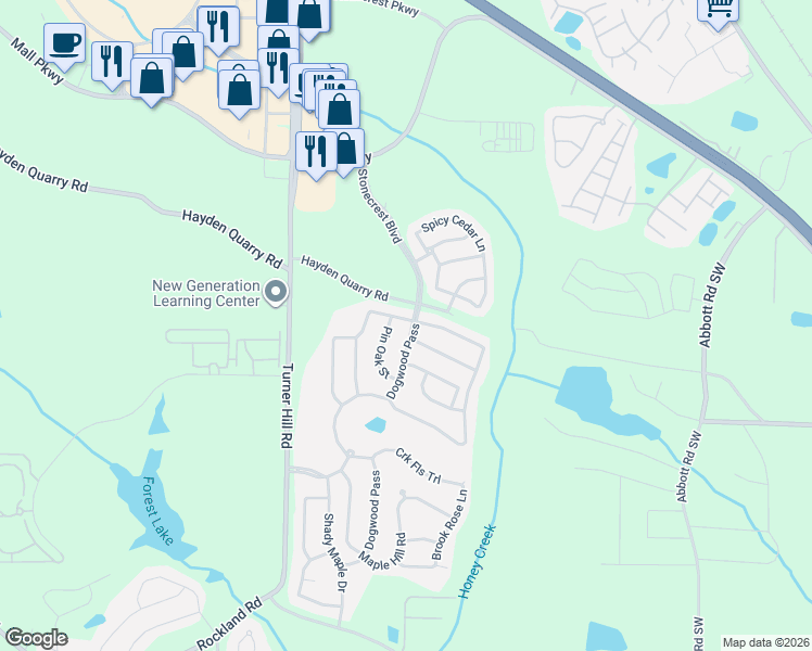 map of restaurants, bars, coffee shops, grocery stores, and more near 3318 Dogwood Pass in Stonecrest