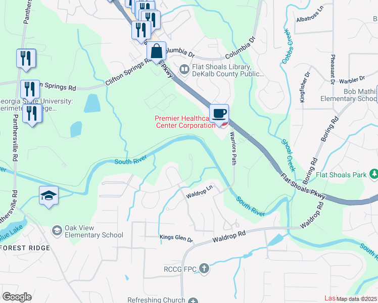 map of restaurants, bars, coffee shops, grocery stores, and more near 3331 Waldrop Trail in Decatur