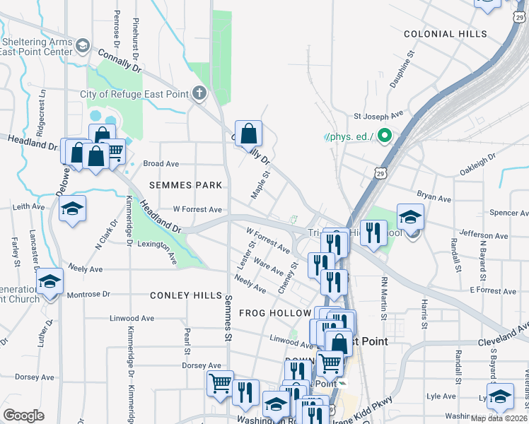 map of restaurants, bars, coffee shops, grocery stores, and more near in East Point