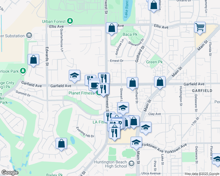 map of restaurants, bars, coffee shops, grocery stores, and more near 19061 Stewart Lane in Huntington Beach