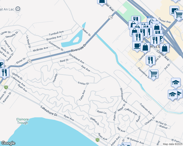 map of restaurants, bars, coffee shops, grocery stores, and more near Kee Avenue in Lake Elsinore