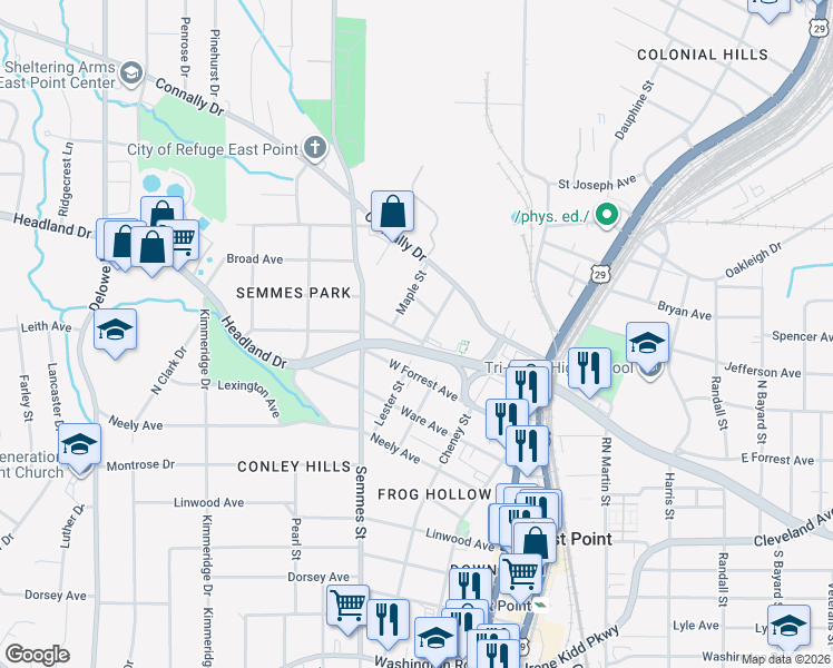 map of restaurants, bars, coffee shops, grocery stores, and more near in East Point