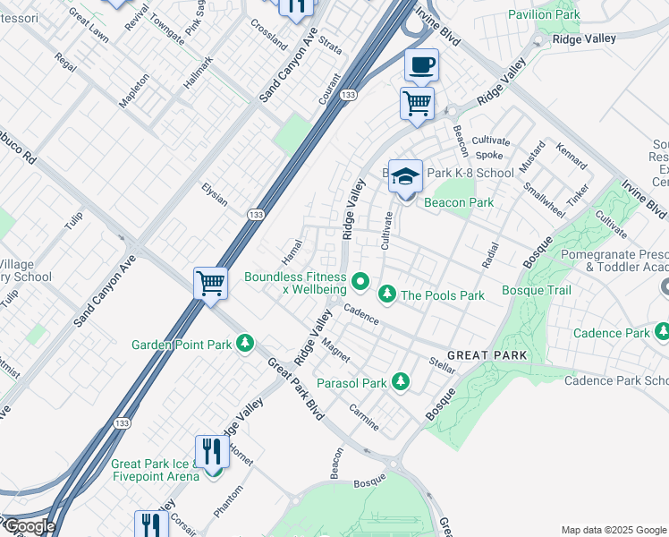 map of restaurants, bars, coffee shops, grocery stores, and more near 188 Harringay in Irvine