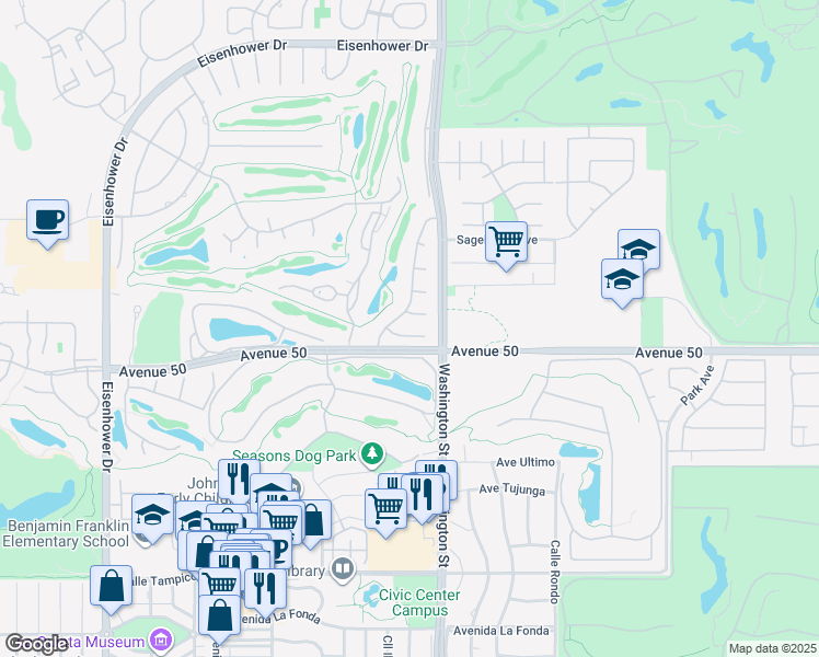 map of restaurants, bars, coffee shops, grocery stores, and more near 78440 Calle Felipe in La Quinta