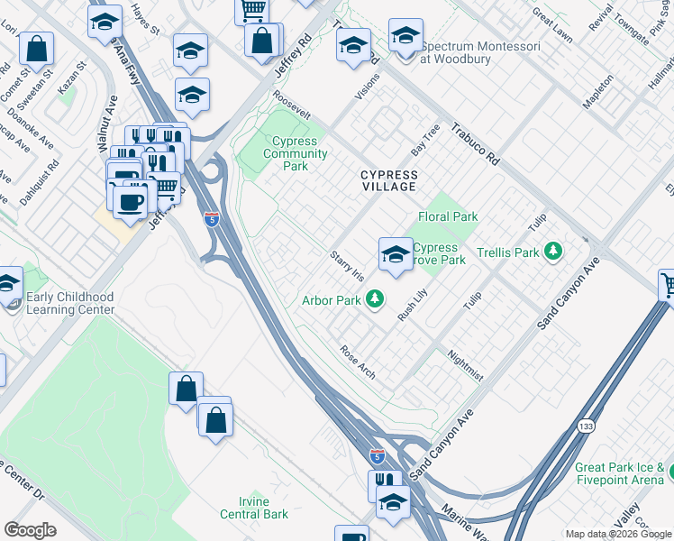 map of restaurants, bars, coffee shops, grocery stores, and more near 81 Strawberry Grove in Irvine