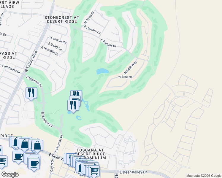 map of restaurants, bars, coffee shops, grocery stores, and more near 22002 North 55th Street in Phoenix