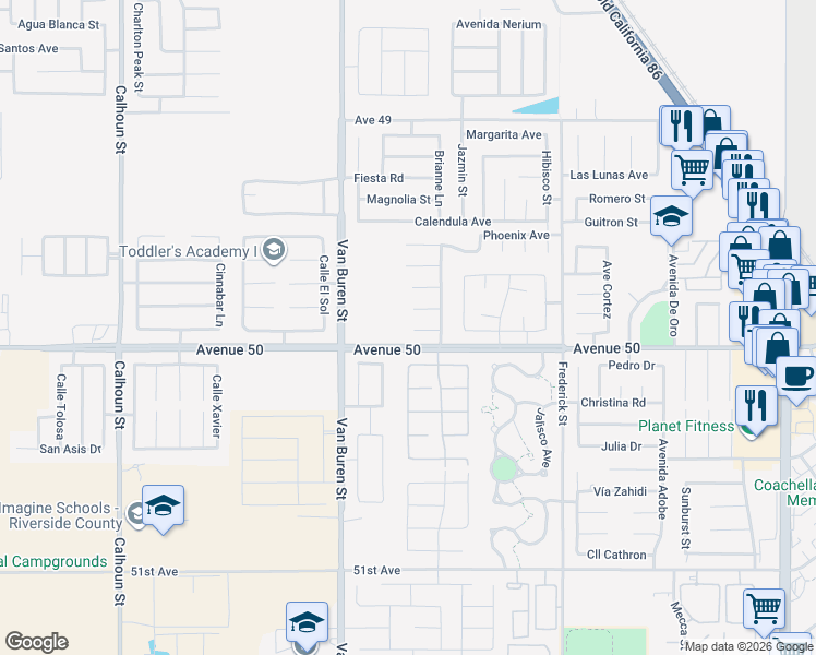 map of restaurants, bars, coffee shops, grocery stores, and more near 84323 Royal Court in Coachella