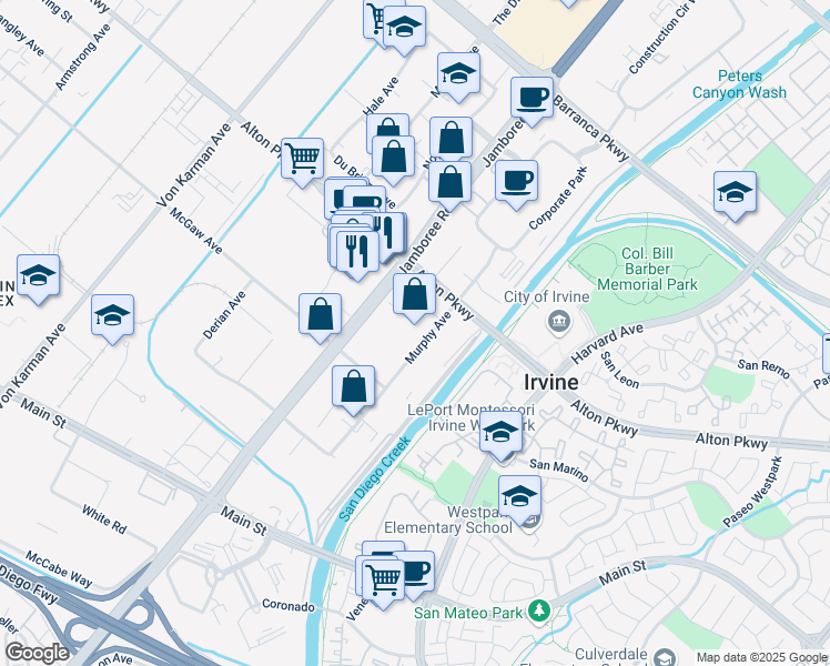 map of restaurants, bars, coffee shops, grocery stores, and more near 17171 Murphy Avenue in Irvine