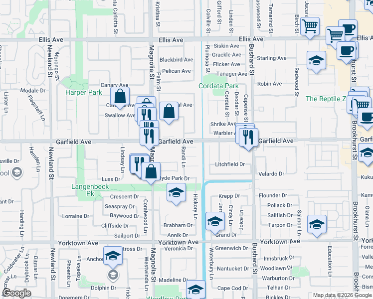 map of restaurants, bars, coffee shops, grocery stores, and more near 19071 Randi Lane in Huntington Beach