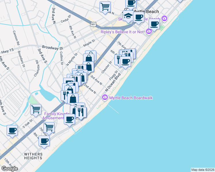 map of restaurants, bars, coffee shops, grocery stores, and more near 207N North Ocean Boulevard in Myrtle Beach