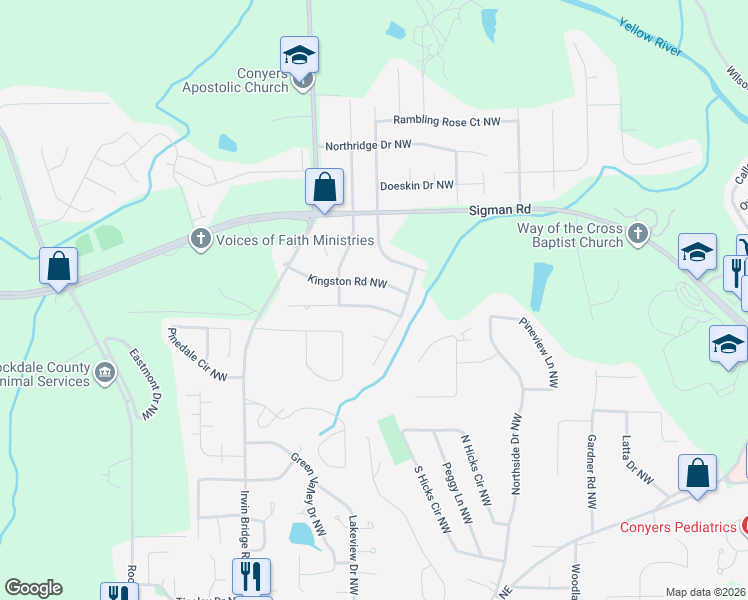 map of restaurants, bars, coffee shops, grocery stores, and more near 961 Meadowbrook Lane Northwest in Conyers