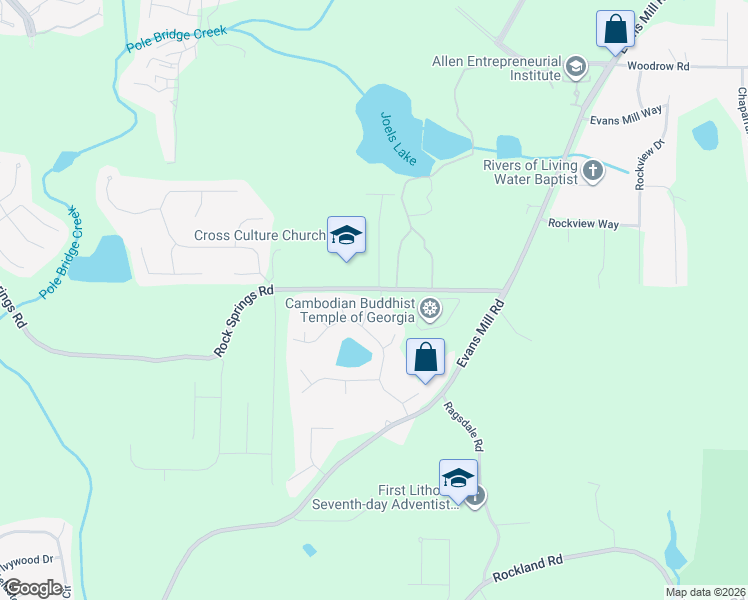 map of restaurants, bars, coffee shops, grocery stores, and more near 6481 Rock Springs Road in Stonecrest
