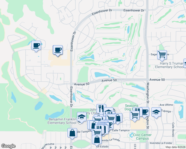 map of restaurants, bars, coffee shops, grocery stores, and more near 78019 Lago Drive in La Quinta