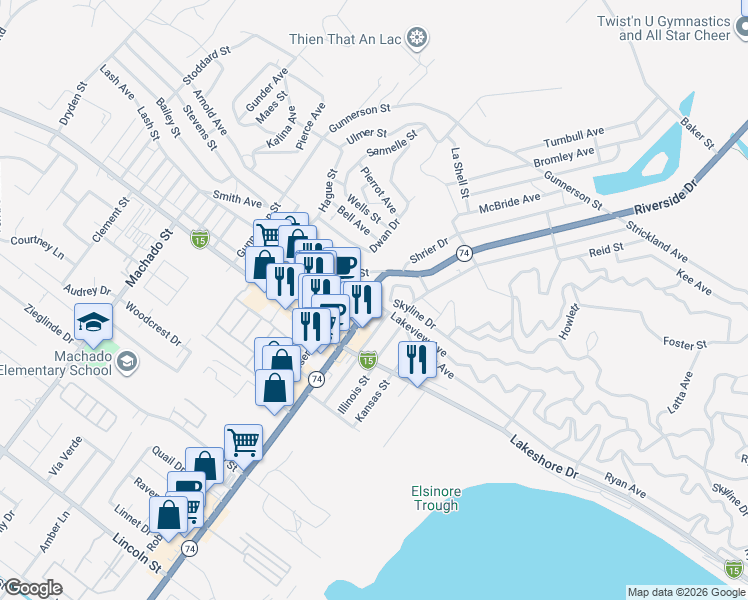 map of restaurants, bars, coffee shops, grocery stores, and more near 15210 Lakeview Avenue in Lake Elsinore