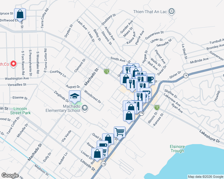 map of restaurants, bars, coffee shops, grocery stores, and more near 31001 Sedona Street in Lake Elsinore
