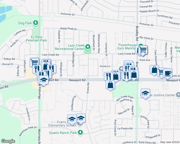 map of restaurants, bars, coffee shops, grocery stores, and more near 29928 Evans Road in Menifee