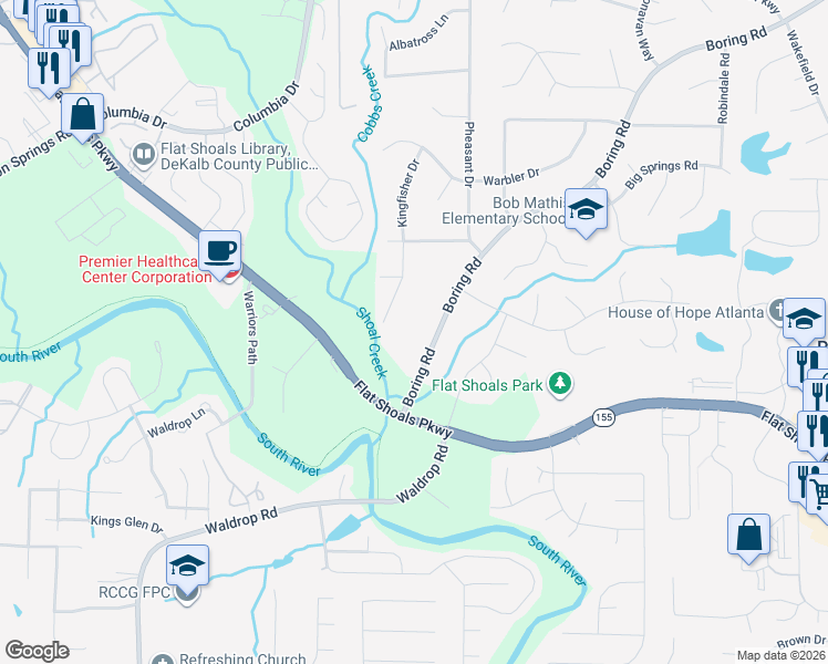 map of restaurants, bars, coffee shops, grocery stores, and more near 3284 Boring Road in Decatur