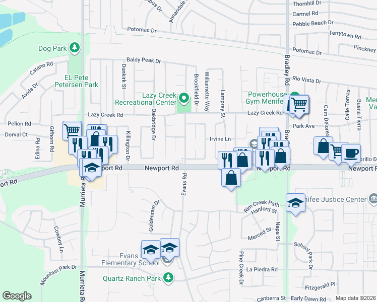 map of restaurants, bars, coffee shops, grocery stores, and more near 29928 Evans Road in Menifee