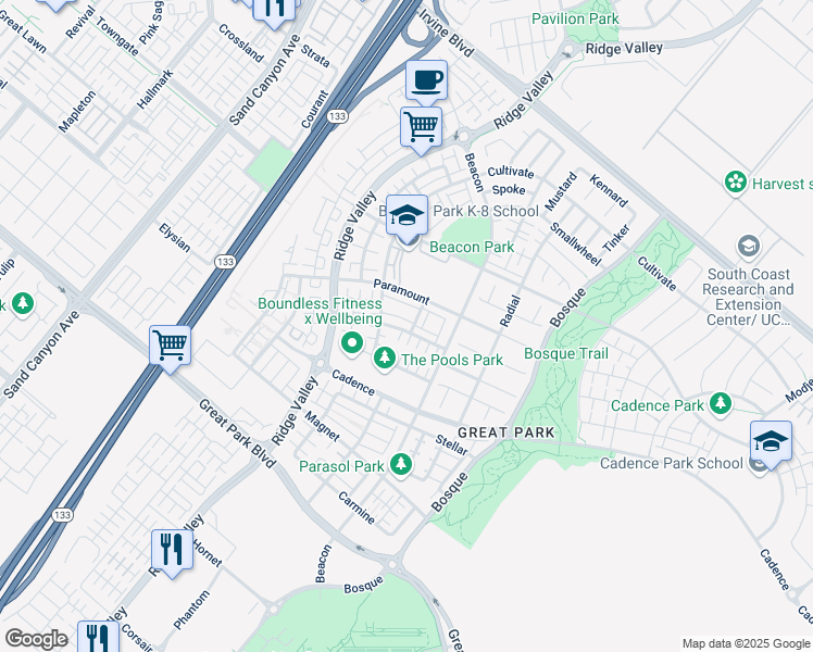 map of restaurants, bars, coffee shops, grocery stores, and more near 145 Mongoose in Irvine