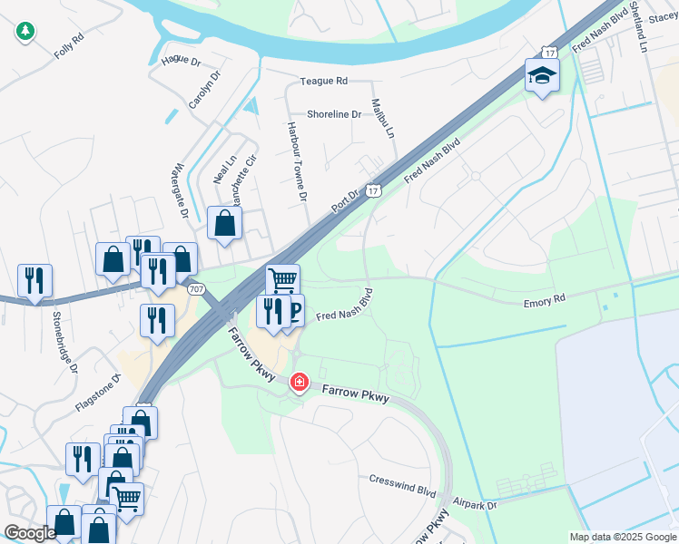 map of restaurants, bars, coffee shops, grocery stores, and more near 3212 Emory Road in Myrtle Beach