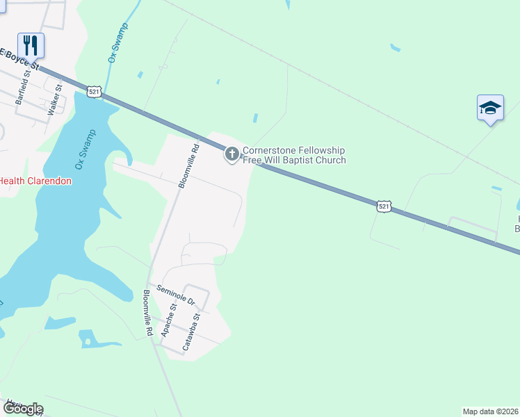 map of restaurants, bars, coffee shops, grocery stores, and more near 1275 High Hills Lane in Manning