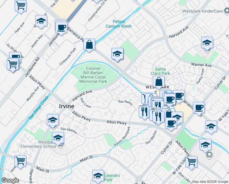 map of restaurants, bars, coffee shops, grocery stores, and more near 462 Duranzo Aisle in Irvine