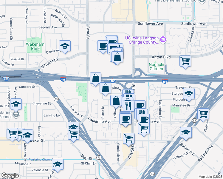 map of restaurants, bars, coffee shops, grocery stores, and more near 751 Hudson Avenue in Costa Mesa