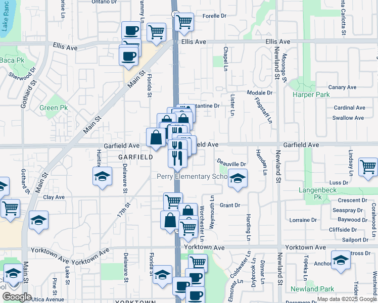 map of restaurants, bars, coffee shops, grocery stores, and more near 8125 Surfline Drive in Huntington Beach