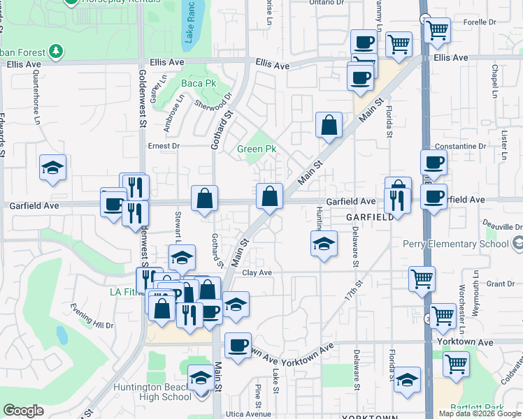 map of restaurants, bars, coffee shops, grocery stores, and more near in Huntington Beach