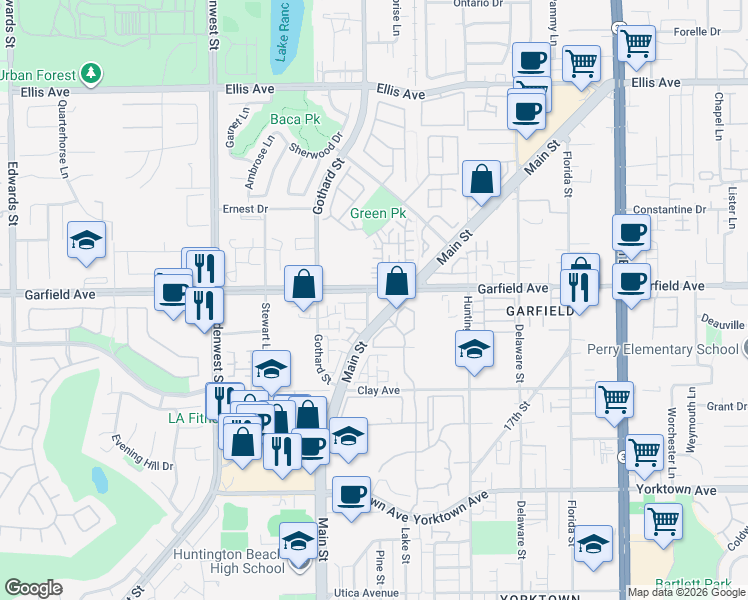 map of restaurants, bars, coffee shops, grocery stores, and more near in Huntington Beach