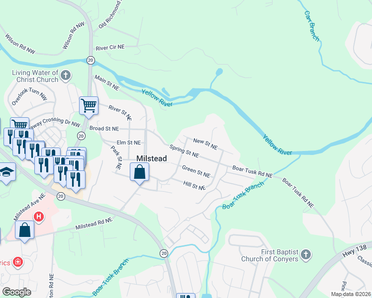 map of restaurants, bars, coffee shops, grocery stores, and more near 1765 Spring Street Northeast in Conyers